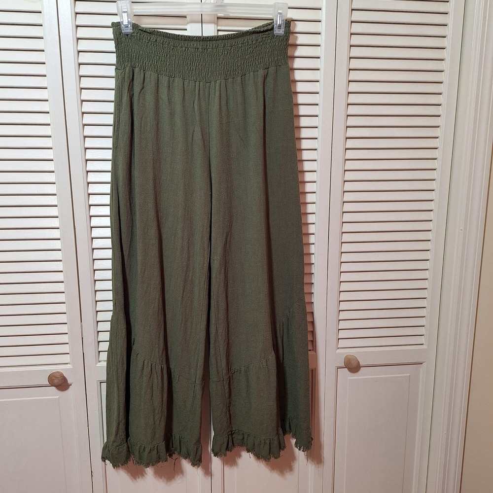 White Birch Olive Green Smocked Waist Wide Leg Ruffle Hem Boho Pants Small